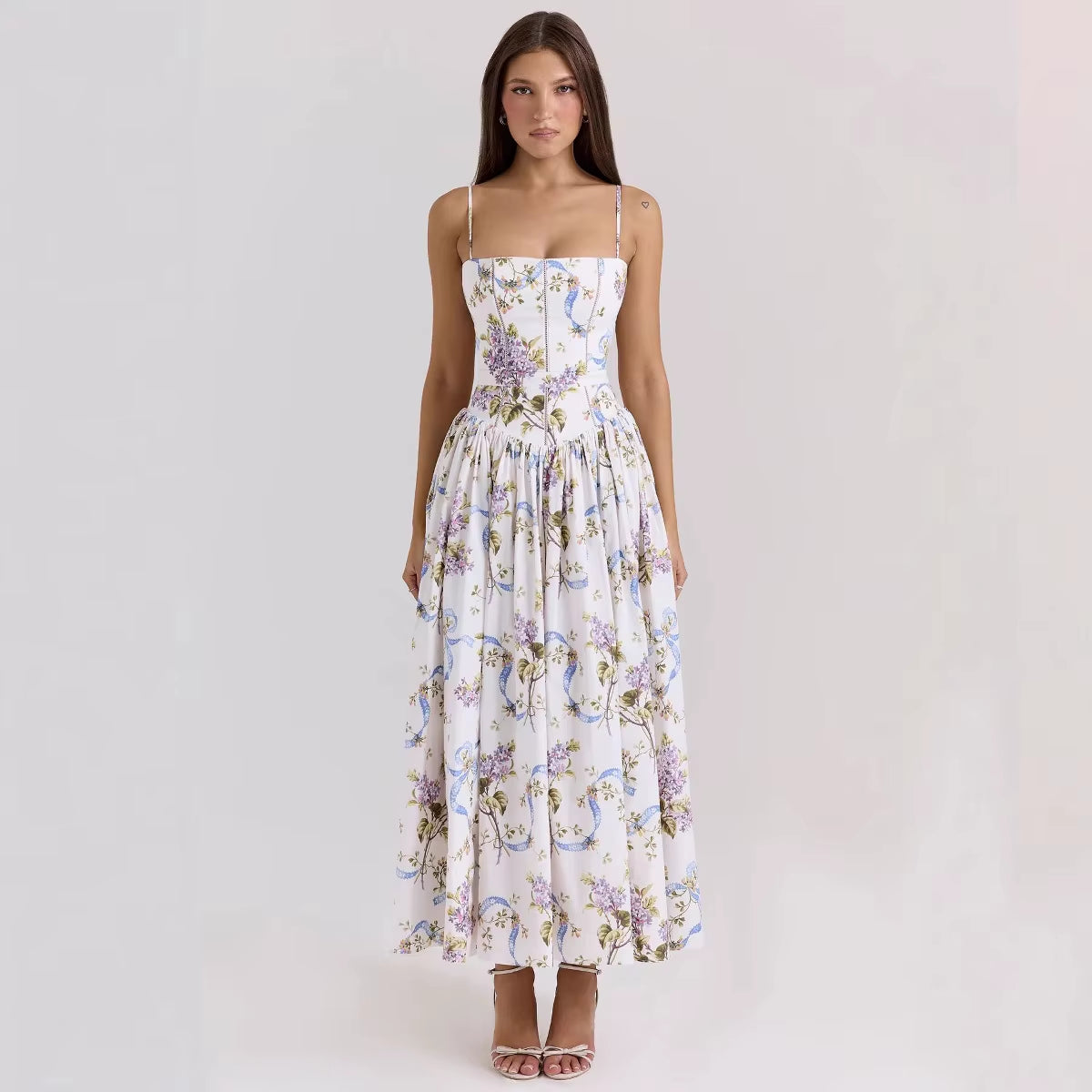 Elegant Summer Dresses Women Floral Print Backless Sleeveless High Waist Pleated A-Line Party Vestidos Chic Lady Outfit