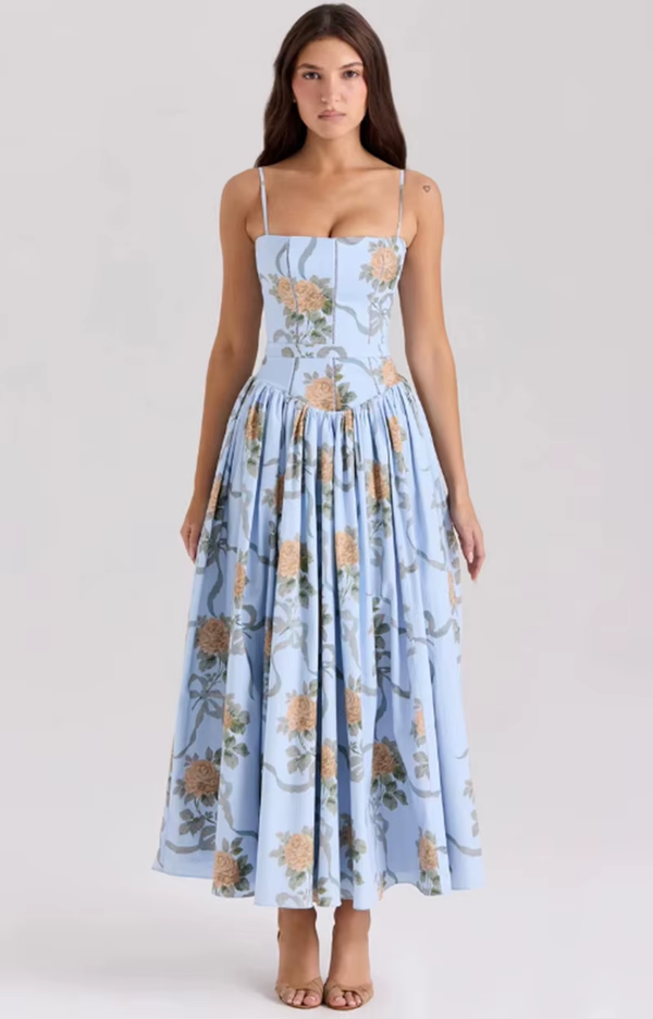 Elegant Summer Dresses Women Floral Print Backless Sleeveless High Waist Pleated A-Line Party Vestidos Chic Lady Outfit