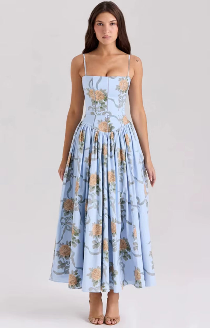 Elegant Summer Dresses Women Floral Print Backless Sleeveless High Waist Pleated A-Line Party Vestidos Chic Lady Outfit