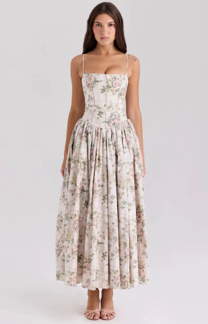 Elegant Summer Dresses Women Floral Print Backless Sleeveless High Waist Pleated A-Line Party Vestidos Chic Lady Outfit