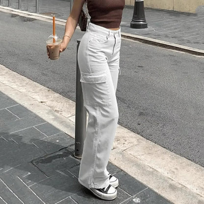 Adjustable Straight Fit Cargo Pants Women Baggy Wide Leg High Waist Pants Pockets Retro Street Style Casual Trousers Y2K 여성용 바지