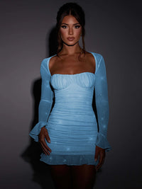 Two Layer Mesh Sparkle Mini Dress Women New Flare Sleeve Backless Bodycon Ruched Club Party Sexy Dress Vestido Dresses