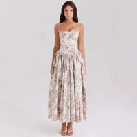 Elegant Summer Dresses Women Floral Print Backless Sleeveless High Waist Pleated A-Line Party Vestidos Chic Lady Outfit