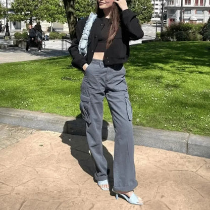 Adjustable Straight Fit Cargo Pants Women Baggy Wide Leg High Waist Pants Pockets Retro Street Style Casual Trousers Y2K 여성용 바지