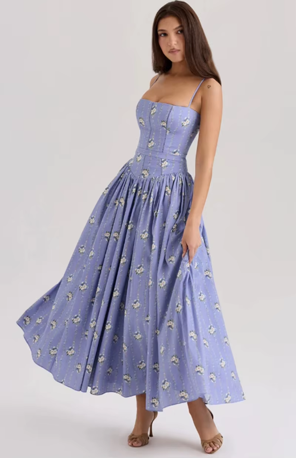 Elegant Summer Dresses Women Floral Print Backless Sleeveless High Waist Pleated A-Line Party Vestidos Chic Lady Outfit