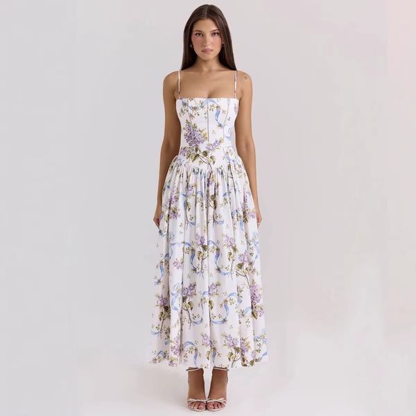 Elegant Summer Dresses Women Floral Print Backless Sleeveless High Waist Pleated A-Line Party Vestidos Chic Lady Outfit