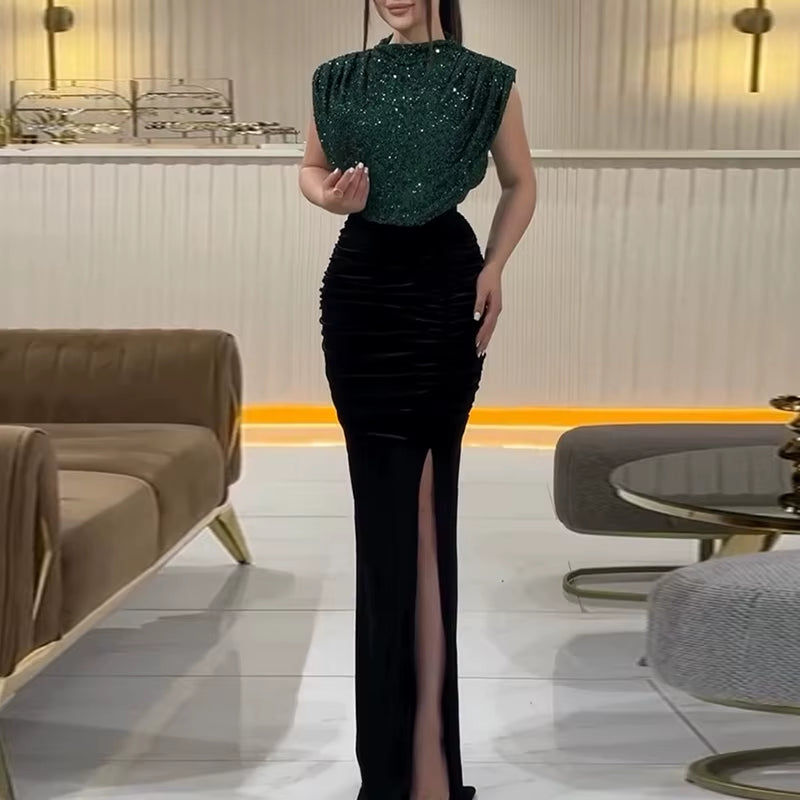 Lady Fashion Sleeveless Draped Split Dress Casual O Neck Sequin Splicing Party Dress 2025 New Year Elegant High Waist Long Dress